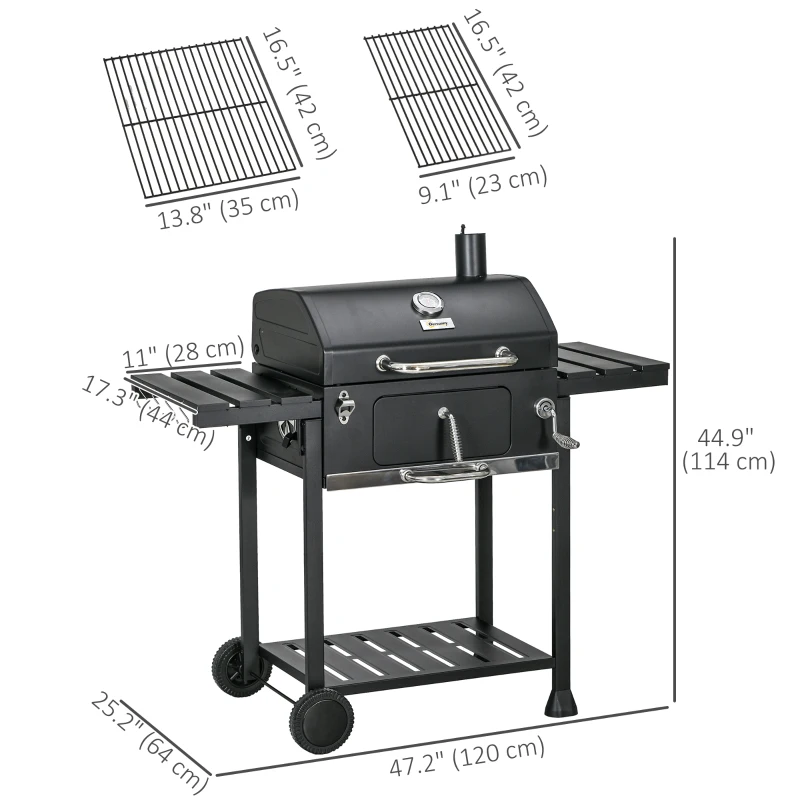 Outsunny Charcoal BBQ Grill Smoker with Adjustable Charcoal Pan and Galvanised Steel Shell, Barbecue Grill Trolley with Storage