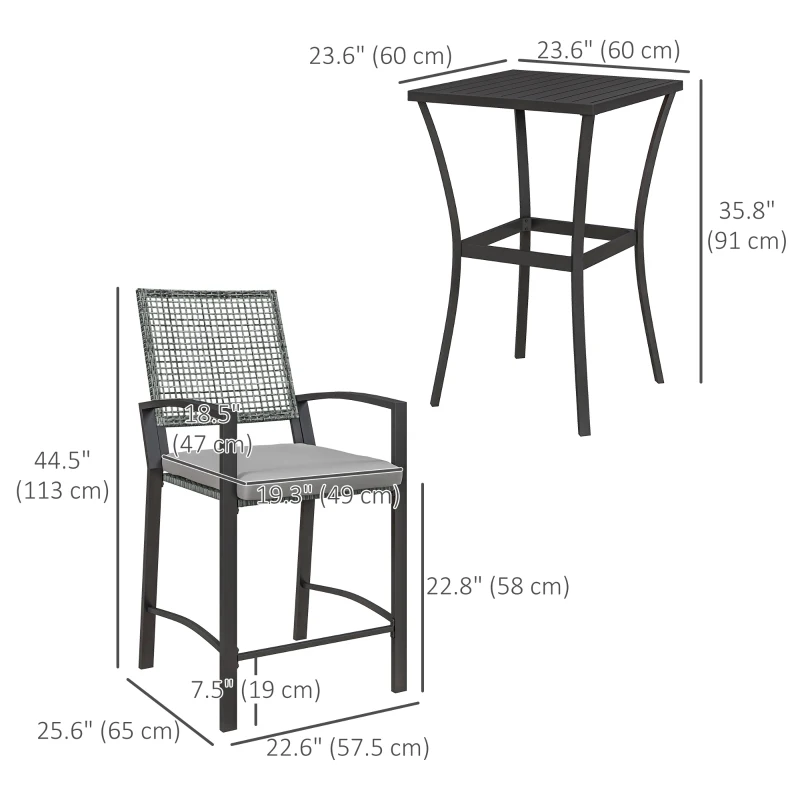 Outsunny 3pc Rattan Patio Bar Table and Bar Chairs w/ Cushions Home Bar Furniture