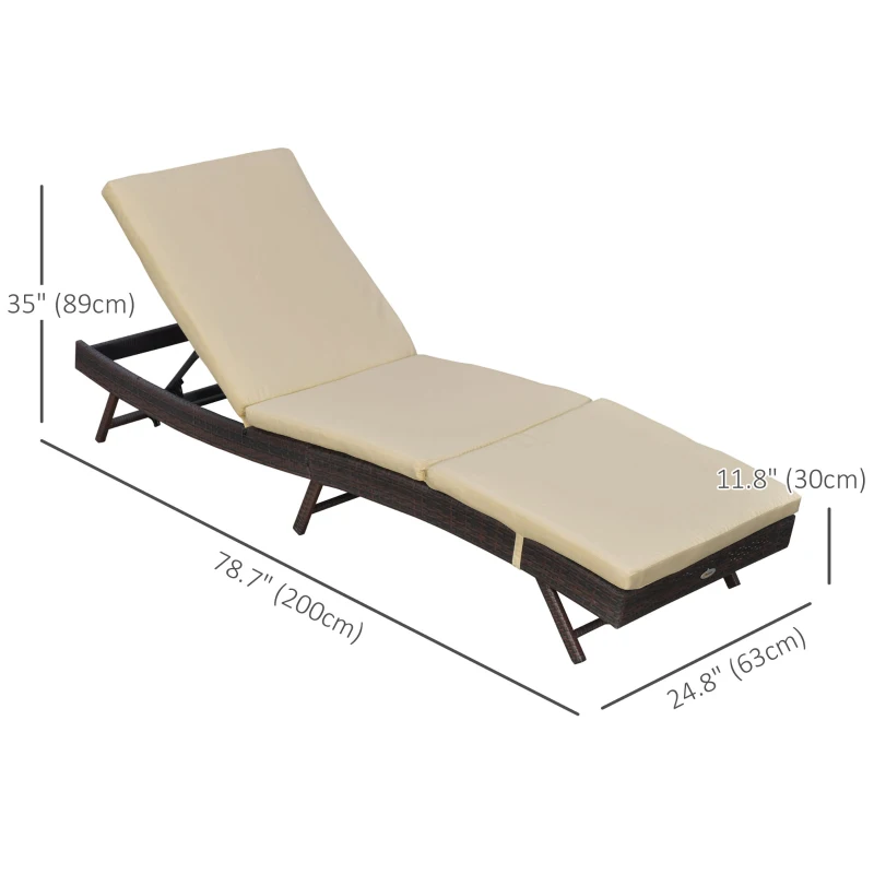 Outsunny Wicker Patio Lounger, Outdoor Recliners Lounge Chair w/ 5-Level Adjustable Backrest, Cushion for Outdoor, Khaki