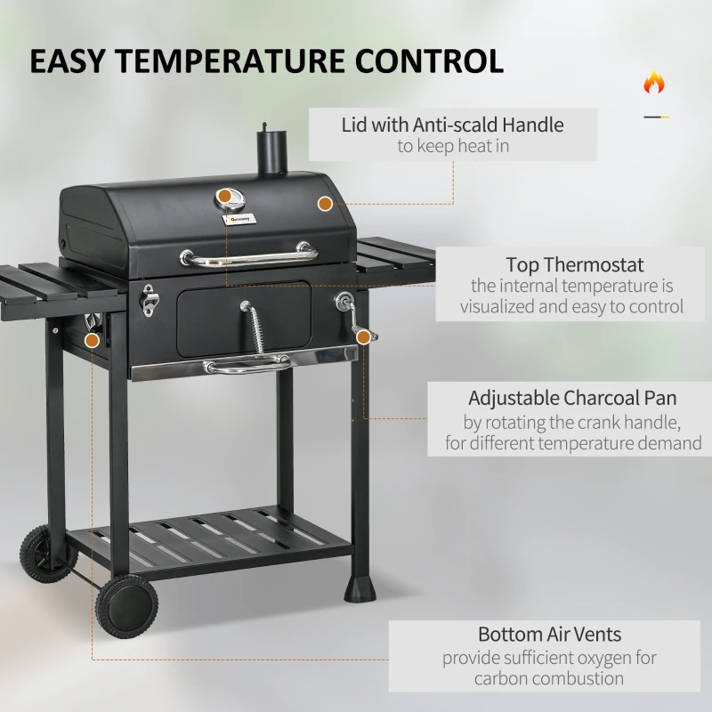 Outsunny Charcoal BBQ Grill Smoker with Adjustable Charcoal Pan and Galvanised Steel Shell, Barbecue Grill Trolley with Storage