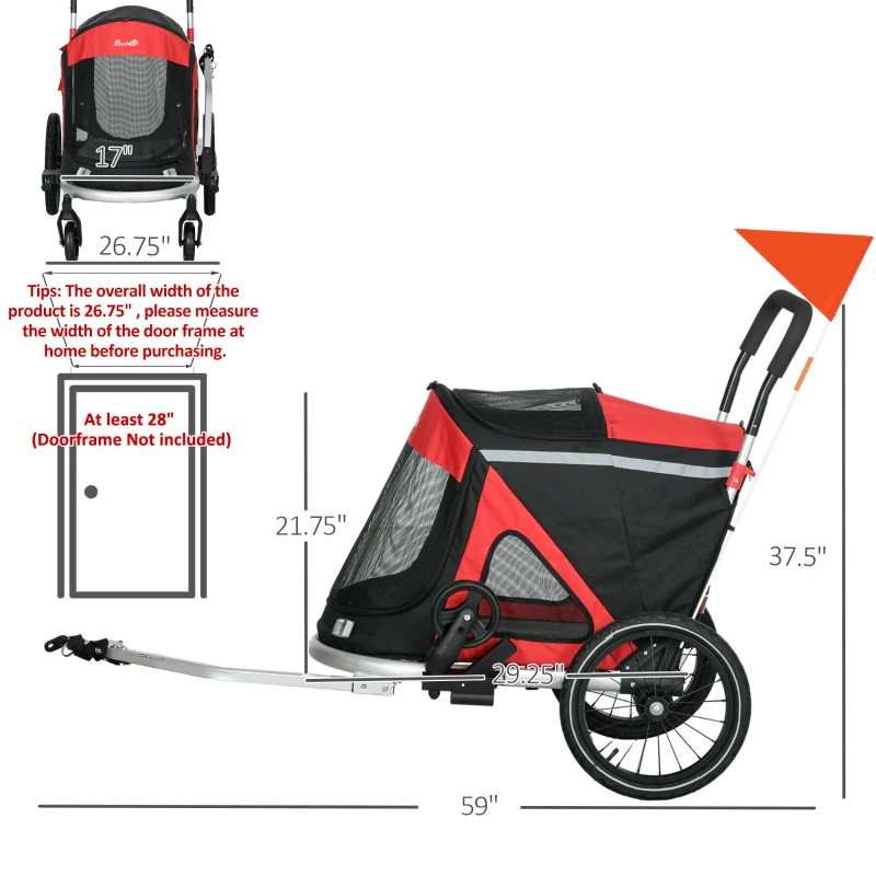 Aosom 2 in 1 Bike Trailer with Aluminum Frame, Quick Release Wheels, Safety Leash, Anti-Slip Mat for Medium Dogs, Red