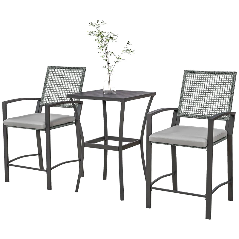 Outsunny 3pc Rattan Patio Bar Table and Bar Chairs w/ Cushions Home Bar Furniture