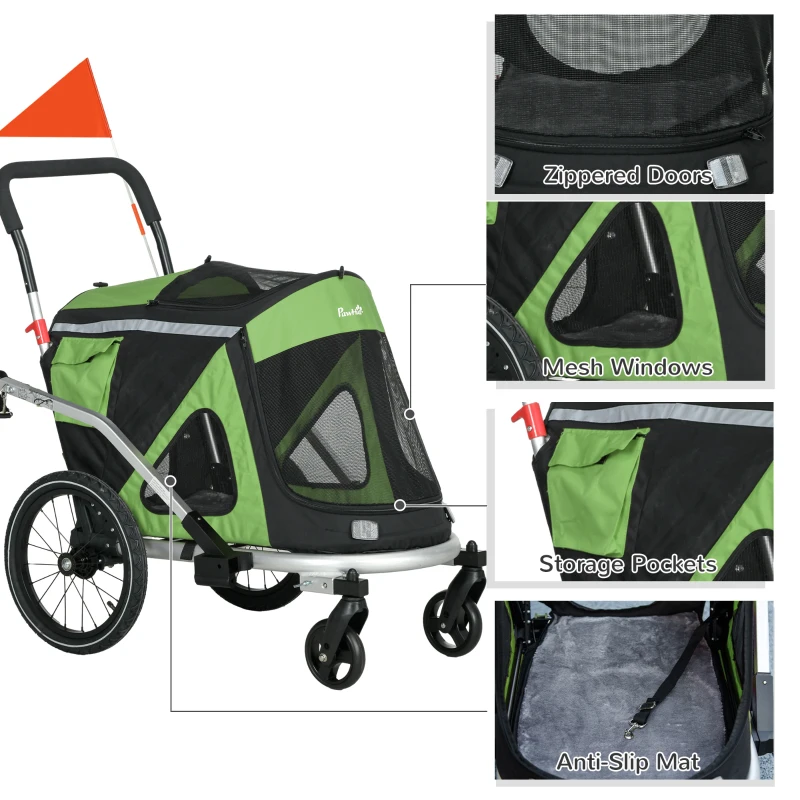 Aosom 2 in 1 Bike Trailer with Aluminum Frame, Quick Release Wheels, Safety Leash, Anti-Slip Mat for Medium Dogs, Green