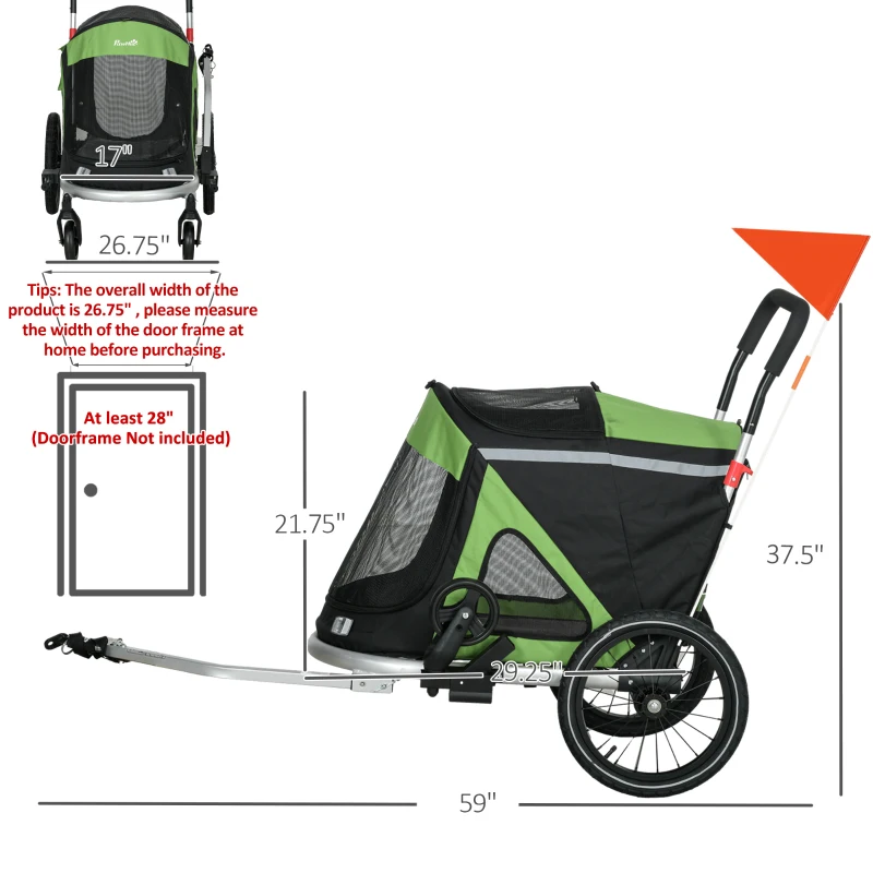 Aosom 2 in 1 Bike Trailer with Aluminum Frame, Quick Release Wheels, Safety Leash, Anti-Slip Mat for Medium Dogs, Green