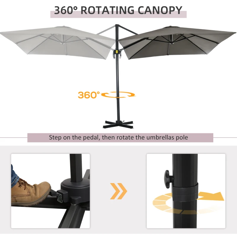 Outsunny 8' x 8' Square Patio Hanging Offset Umbrella with 360° Rotation, Aluminum Outdoor Cantilever Market Parasol, Light Grey