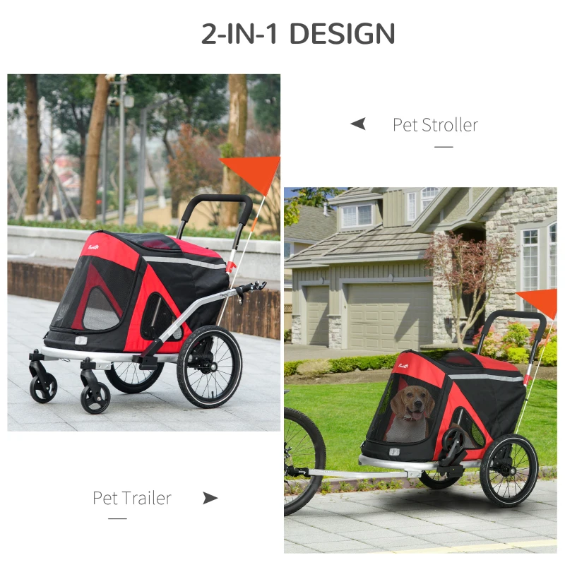 Aosom 2 in 1 Bike Trailer with Aluminum Frame, Quick Release Wheels, Safety Leash, Anti-Slip Mat for Medium Dogs, Red
