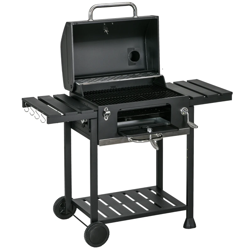 Outsunny Charcoal BBQ Grill Smoker with Adjustable Charcoal Pan and Galvanised Steel Shell, Barbecue Grill Trolley with Storage