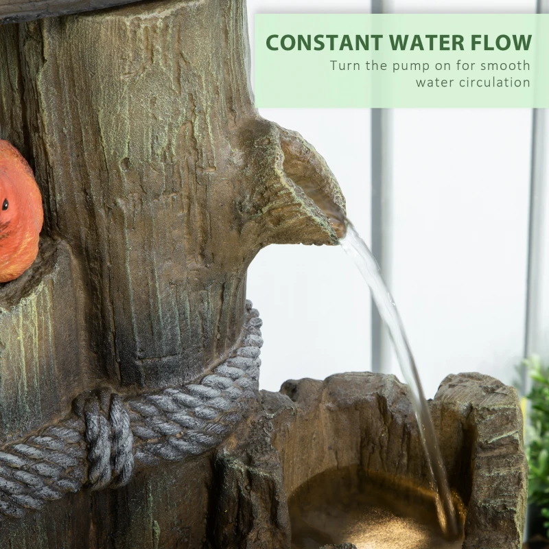 Outsunny Outdoor Fountain, Garden Waterfall with Birdhouse, 3-Tier Tree Trunk Design, LED Lights for Porch, Deck, Yard, Brown