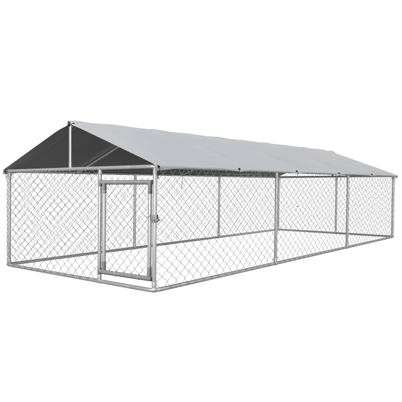 PawHut 19.7' x 7.5' x 4.9' Outdoor Dog Kennel Dog Run with Waterproof, UV Resistant Cover for Medium Large Sized Dogs, Silver