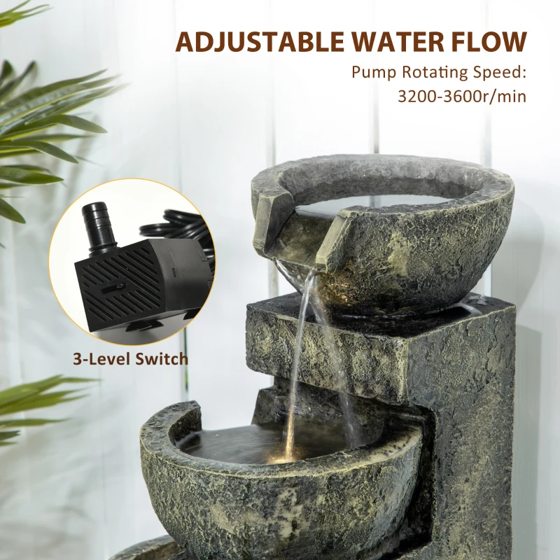 Outsunny Outdoor Fountain Cascading Waterfall with 4-Tier Stone Look Bowls, Adjustable Flow & LED Lights for Patio Garden