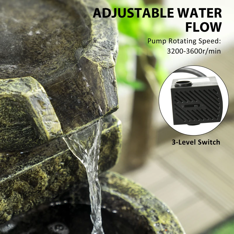 Outsunny Outdoor Fountain Cascading Waterfall with 4-Tier Stone Look Bowls, Adjustable Flow for Patio Garden, Black and Yellow