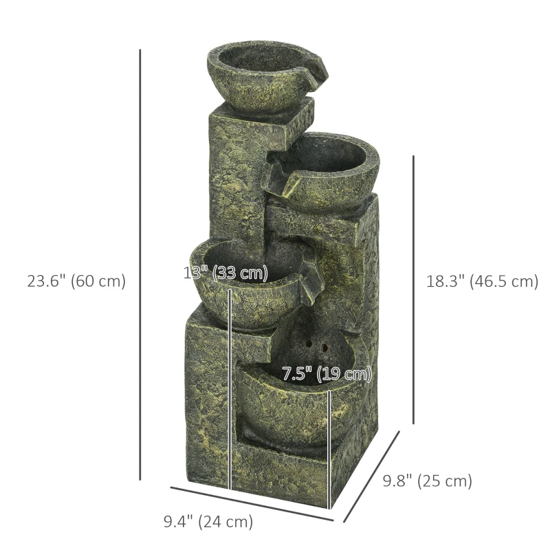 Outsunny Outdoor Fountain Cascading Waterfall with 4-Tier Stone Look Bowls, Adjustable Flow for Patio Garden, Black and Yellow