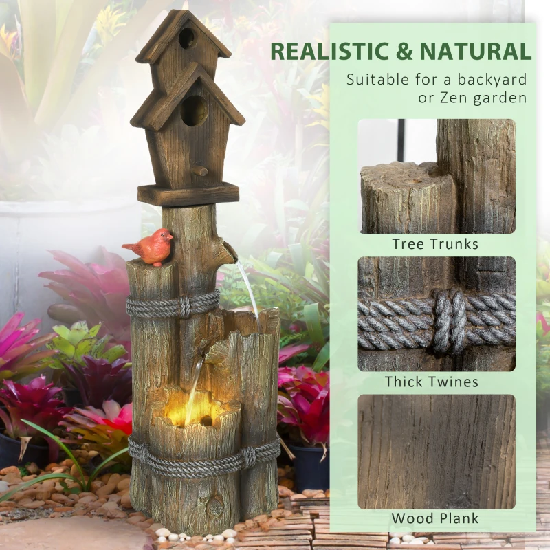 Outsunny Outdoor Fountain, Garden Waterfall with Birdhouse, 3-Tier Tree Trunk Design, LED Lights for Porch, Deck, Yard, Brown