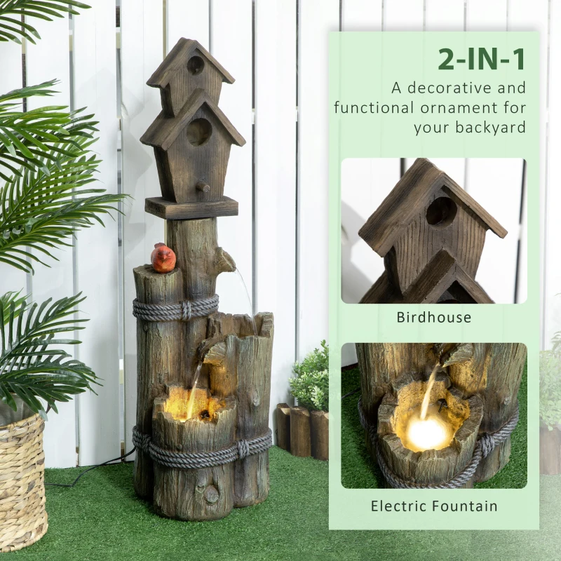 Outsunny Outdoor Fountain, Garden Waterfall with Birdhouse, 3-Tier Tree Trunk Design, LED Lights for Porch, Deck, Yard, Brown