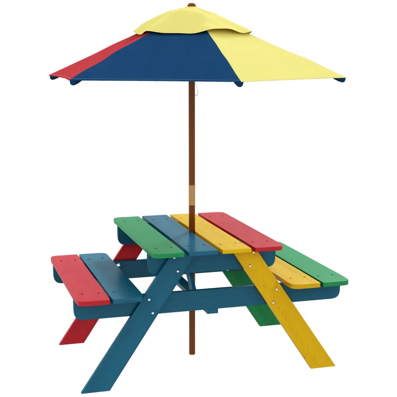Outsunny Wooden Kids Picnic Table Bench Set with Removable Umbrella for Backyard, Garden, 3-6 Years Old