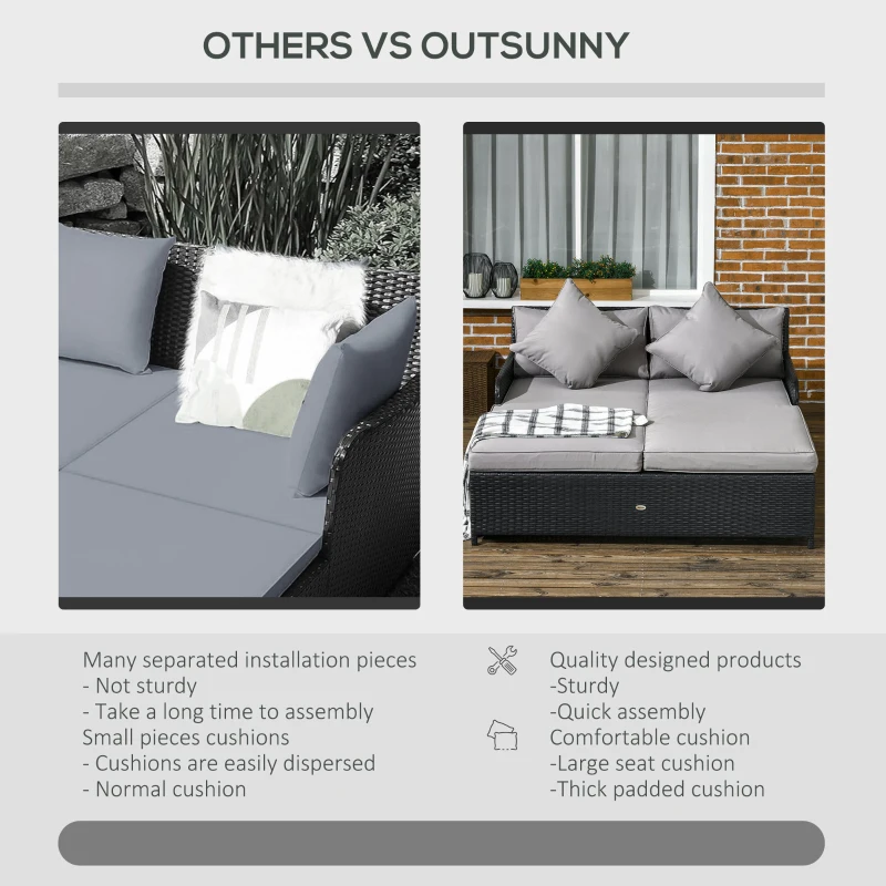 Outsunny Patio Rattan Double Lounge Daybed, Outdoor Wicker Armrests Chaise Lounge for 2-Person with Cushion & Pillow, Grey