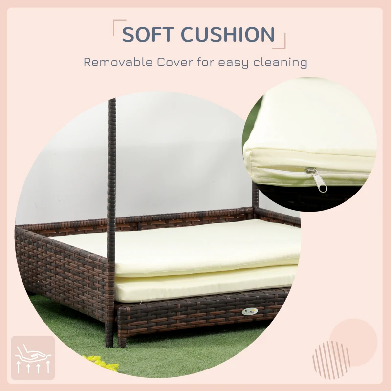 PawHut Outdoor Dog Bed, Extendable Wicker Dog Bed with Roof, Soft Cushion for Small and Medium Dogs, Mixed-Brown