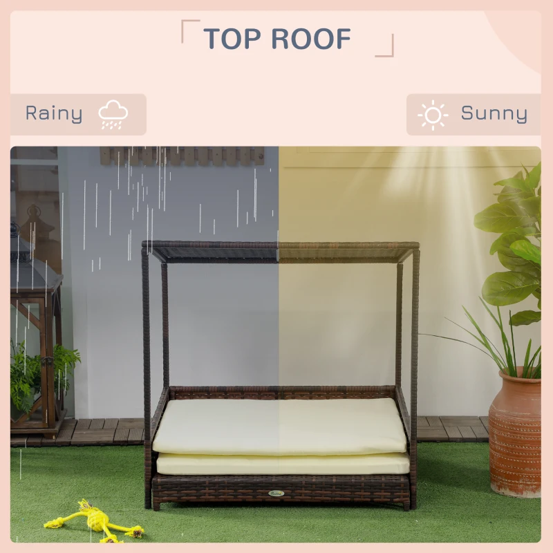 PawHut Outdoor Dog Bed, Extendable Wicker Dog Bed with Roof, Soft Cushion for Small and Medium Dogs, Mixed-Brown