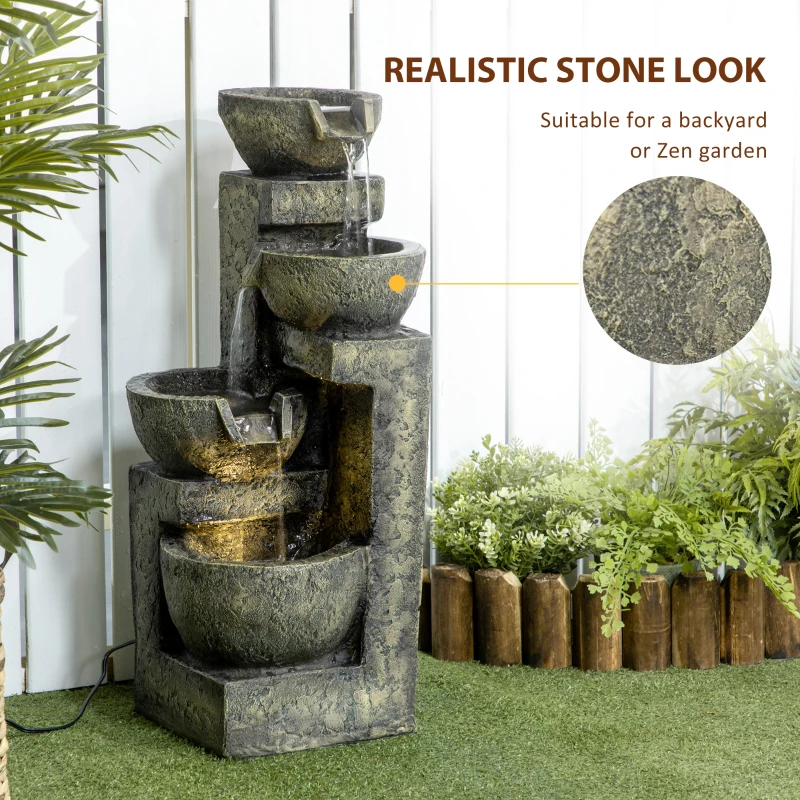 Outsunny Outdoor Fountain Cascading Waterfall with 4-Tier Stone Look Bowls, Adjustable Flow & LED Lights for Patio Garden