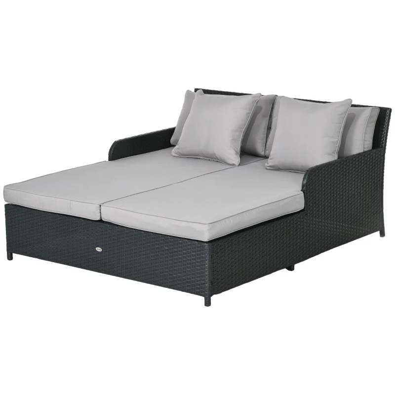 Outsunny Patio Rattan Double Lounge Daybed, Outdoor Wicker Armrests Chaise Lounge for 2-Person with Cushion & Pillow, Grey