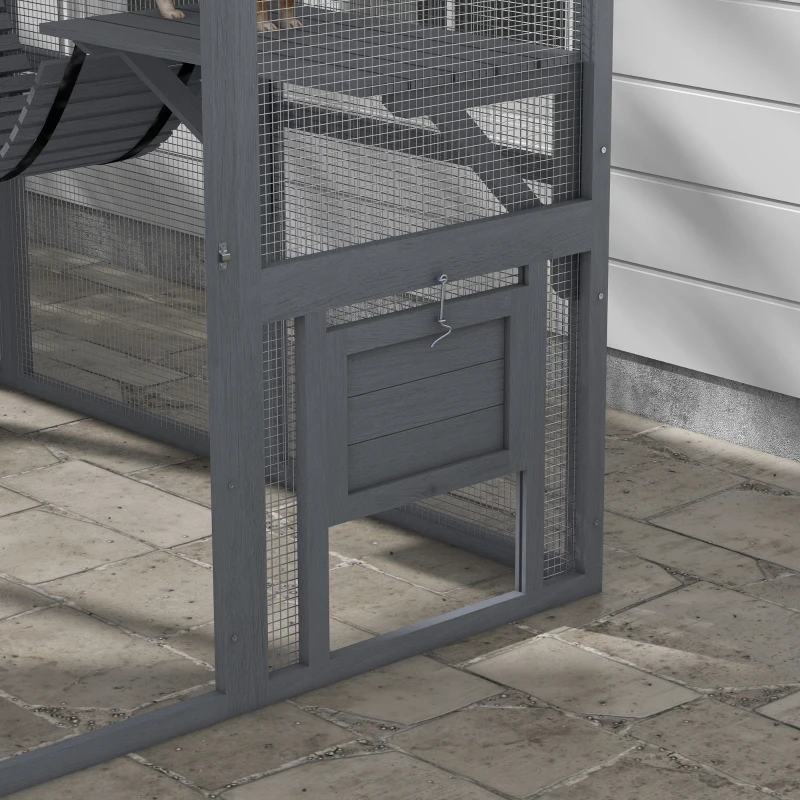 PawHut 9.2' Outdoor Catio Enclosure with Condos & Canopy, Spacious Cat House, Weather-Resistant, Gray