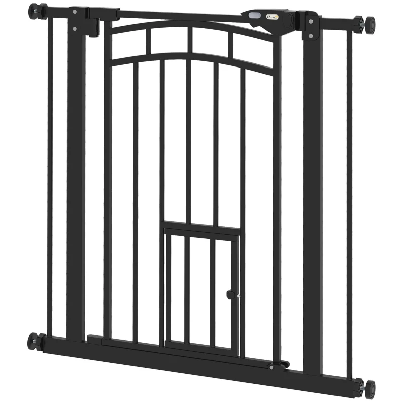 PawHut Auto-Close Pet Gate, Stair Gate with Cat Door, Double Locking for Doorways Hallways Stairs, Fits 29"-31.5" Wide, Black