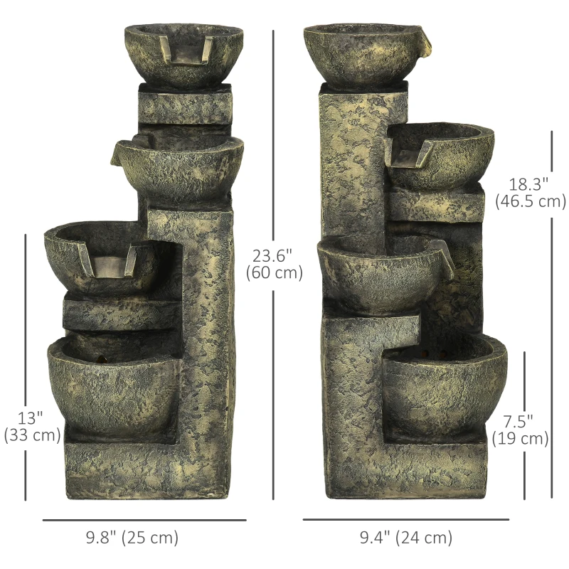 Outsunny Outdoor Fountain Cascading Waterfall with 4-Tier Stone Look Bowls, Adjustable Flow & LED Lights for Patio Garden