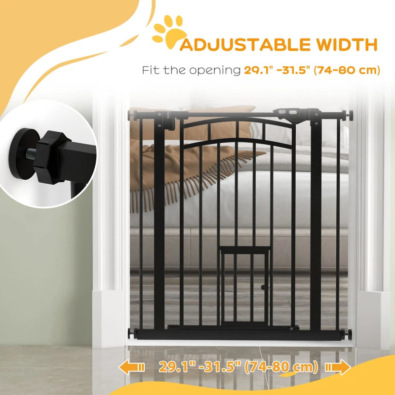 PawHut Auto-Close Pet Gate, Stair Gate with Cat Door, Double Locking for Doorways Hallways Stairs, Fits 29"-31.5" Wide, Black