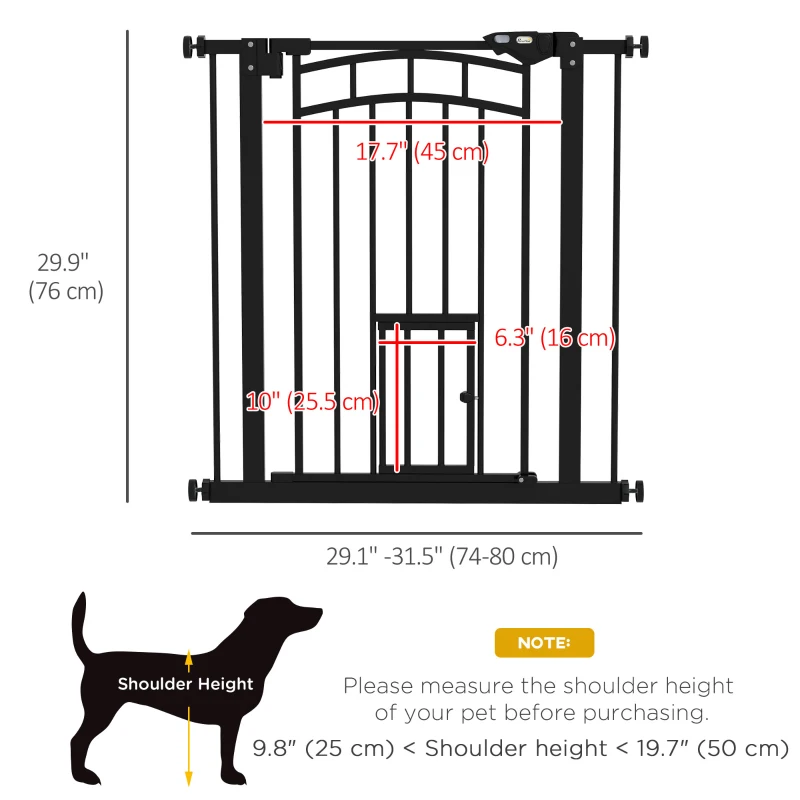 PawHut Auto-Close Pet Gate, Stair Gate with Cat Door, Double Locking for Doorways Hallways Stairs, Fits 29"-31.5" Wide, Black