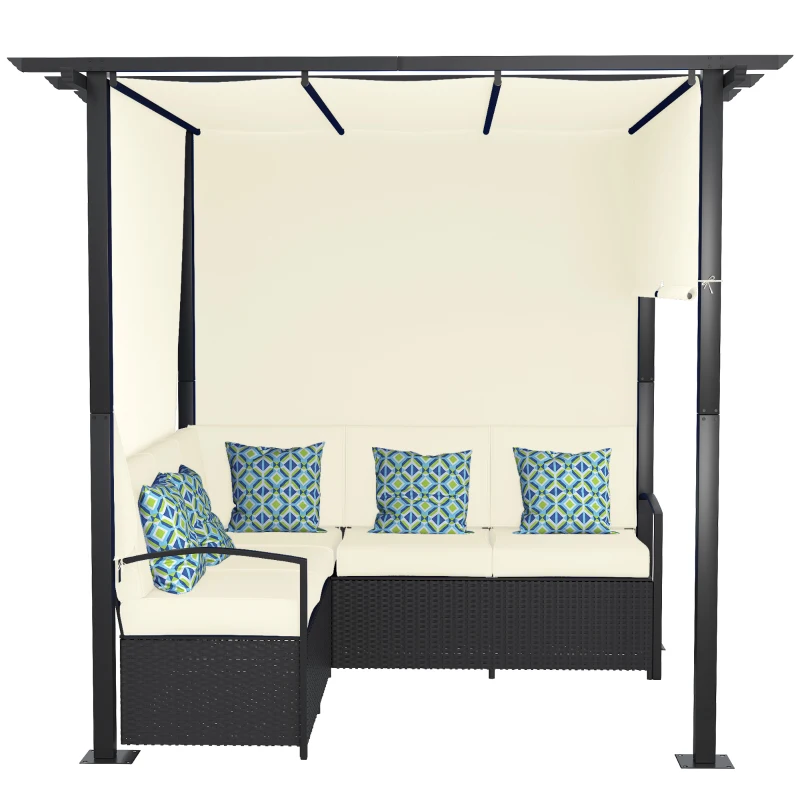 Outsunny Outdoor Rattan Wicker Patio Furniture Sofa Set with Retractable Canopy Pergola for Deck, Pool, Garden, Beige