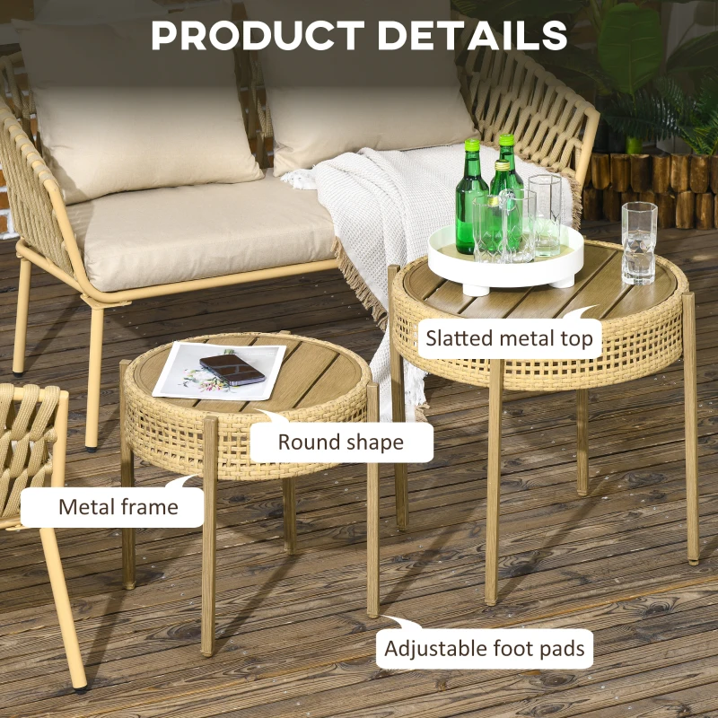 Outsunny Wicker Patio Table Set, Slatted Metal Top, Dia. 23.2"/19.3", Brown