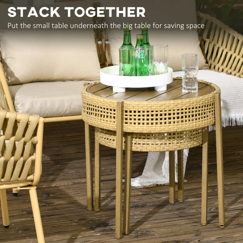 Outsunny Wicker Patio Table Set, Slatted Metal Top, Dia. 23.2"/19.3", Brown
