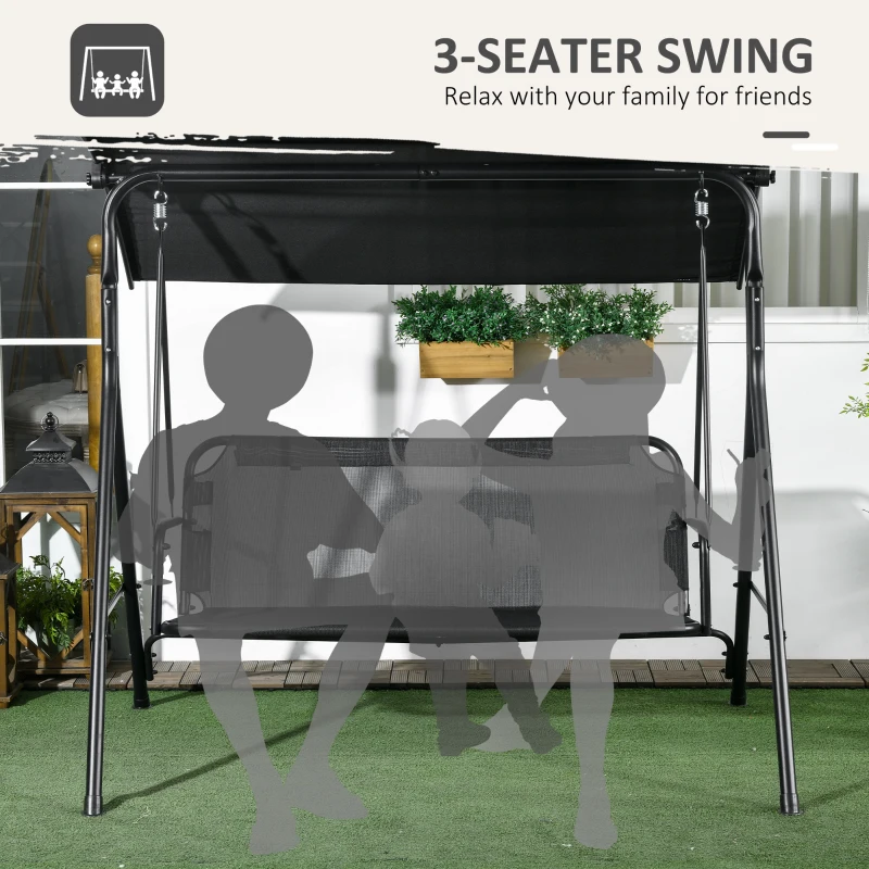 Outsunny 3-Seat Outdoor Patio Swing Chair w/ Cushion, Steel Frame Stand, Adjustable Tilt Canopy for Patio, Garden, Black 1