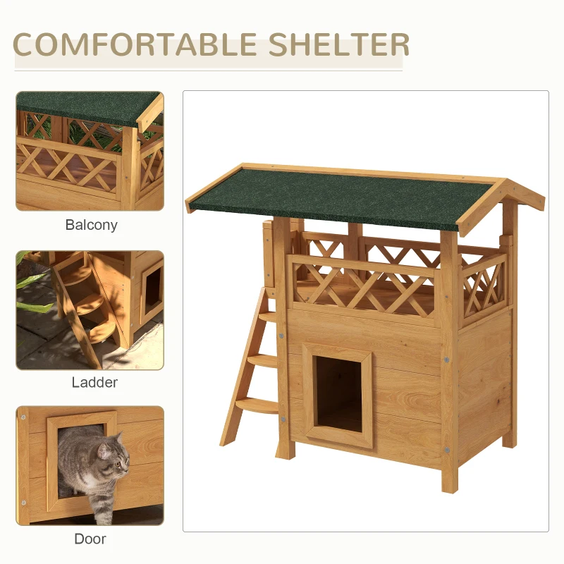 PawHut 2-Story Outdoor Wooden Cat House, Weatherproof Kitten Condo with Asphalt Roof & Stairs, Cozy Shelter