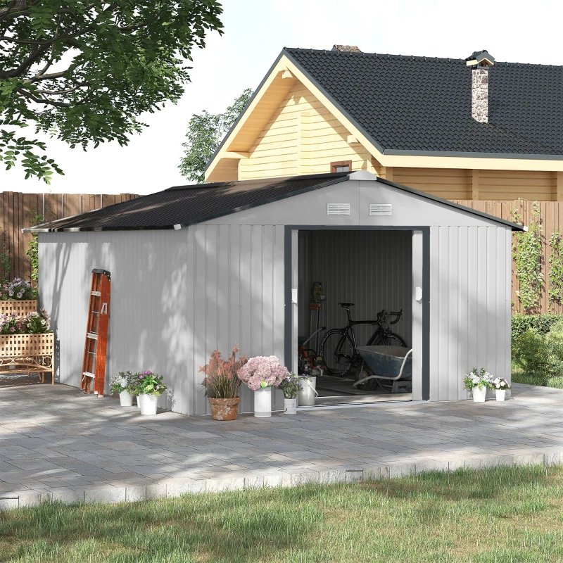 Outsunny Outdoor Utility Storage Shed, 13x11 ft, Steel Tool Organizer for Backyard, Garden, White