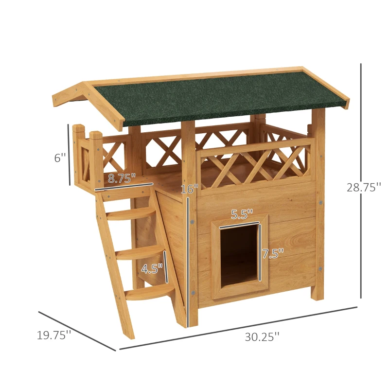PawHut 2-Story Outdoor Wooden Cat House, Weatherproof Kitten Condo with Asphalt Roof & Stairs, Cozy Shelter
