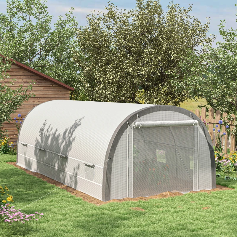 Outsunny Walk-in Tunnel Greenhouse with Upgraded Structure, Mesh Door and Windows, Warm Tent Plant House, White