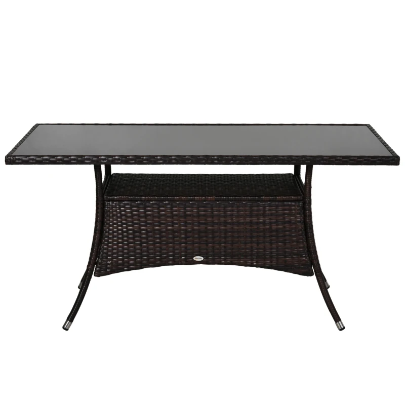 Outsunny Garden Dining Table, Patio Rattan Dining Table with Glass Top, Storage Shelf for Yard, 59" x 34" x 29", Brown