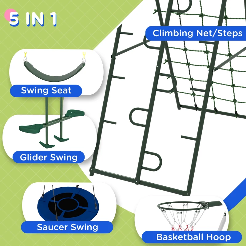 Outsunny Metal Swing Set for Backyard with 1 Saucer Swing, Basketball Hoop, 1 Seat, 1 Swing Glider, Climbing Net and Steps