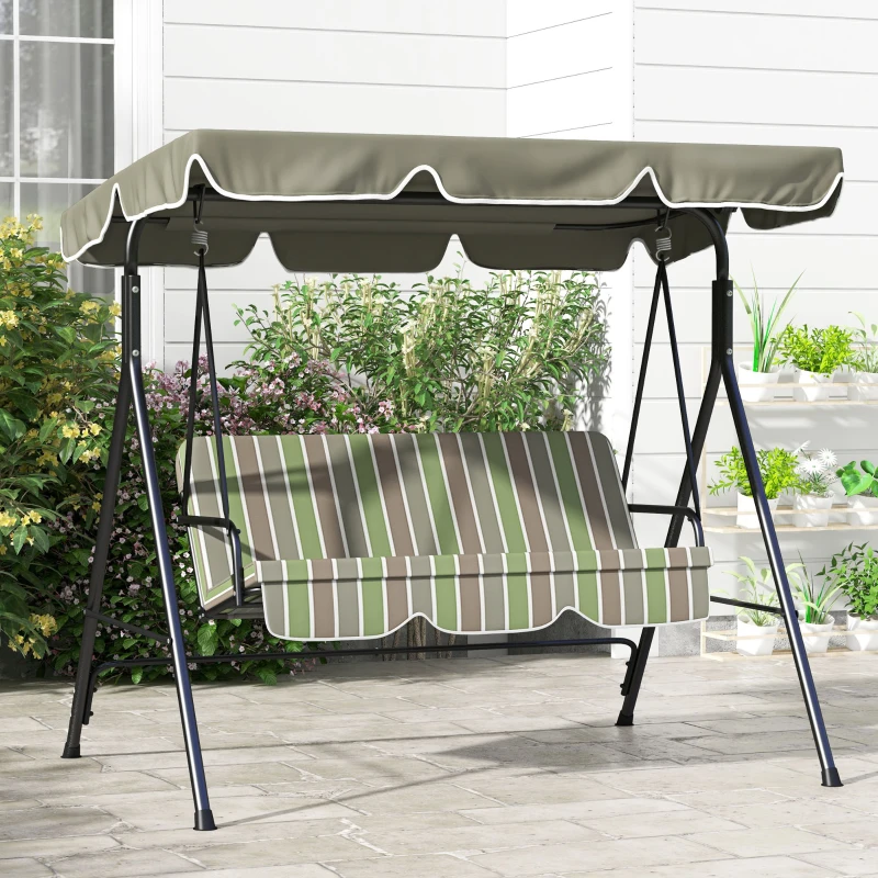 Outsunny 3-Seat Outdoor Patio Swing Chair w/ Cushion, Steel Frame Stand, Adjustable Tilt Canopy for Patio, Garden, Beige & Green
