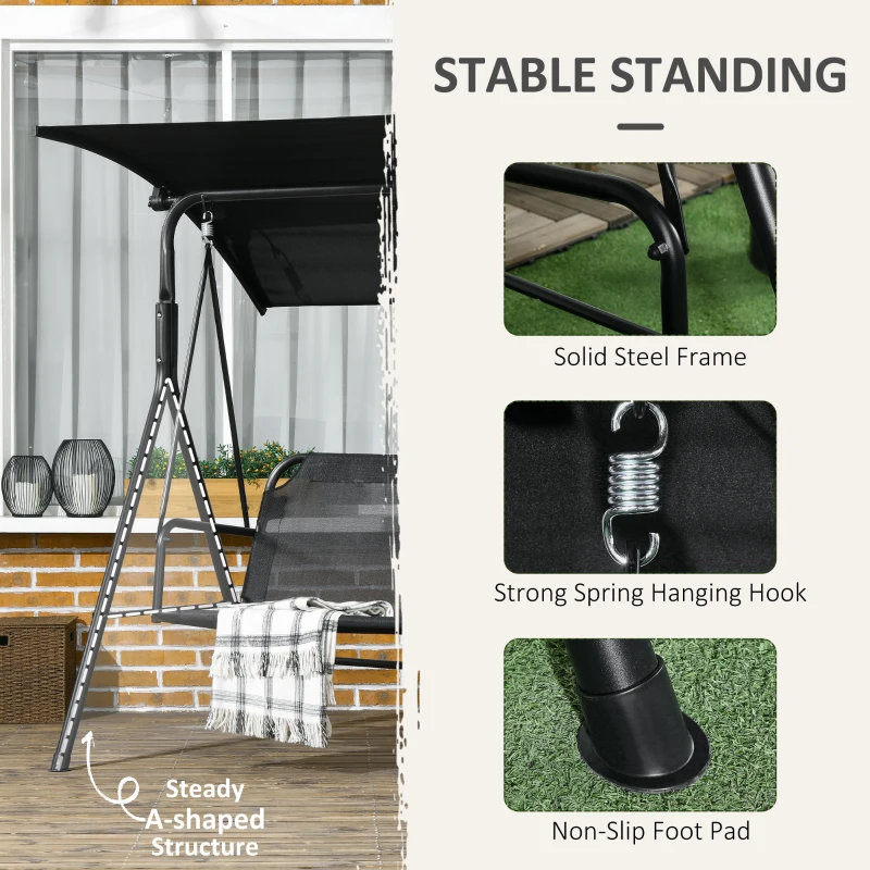 Outsunny 3-Seat Outdoor Patio Swing Chair w/ Cushion, Steel Frame Stand, Adjustable Tilt Canopy for Patio, Garden, Black 1
