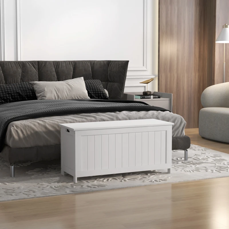 HOMCOM 39.4" Storage Trunk w/ 2 Safety Hinges, Wooden Storage Bench w/ Side Handles, Storage Chest for Playroom, White