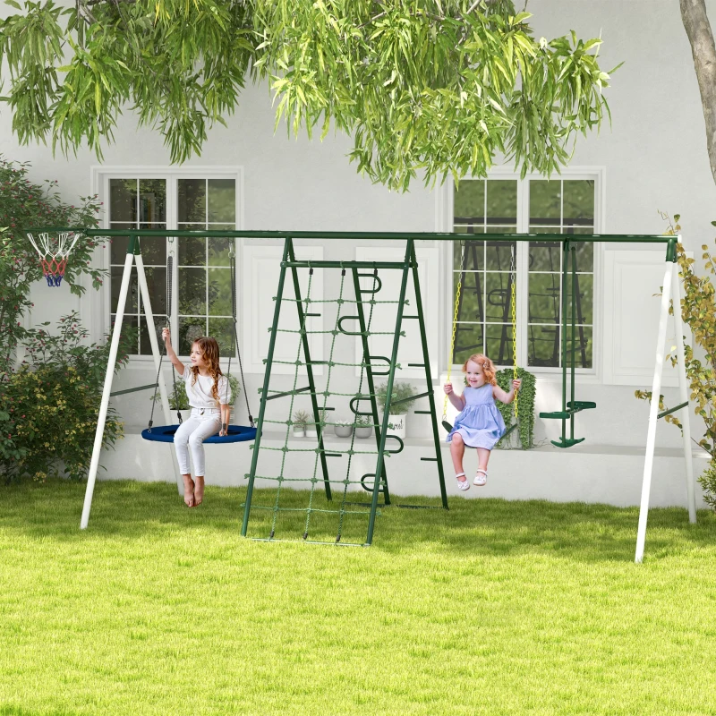 Outsunny Metal Swing Set for Backyard with 1 Saucer Swing, Basketball Hoop, 1 Seat, 1 Swing Glider, Climbing Net and Steps