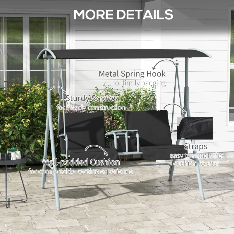 Outsunny 2-Seater Outdoor Porch Swing with Adjustable Canopy and Table, Patio Swing Chair for Garden, Poolside, Backyard, Black