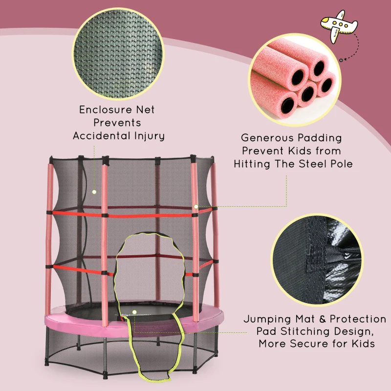 Outsunny Φ5FT Kids Trampoline with Enclosure Net for Age 3 to 6 Years Pink
