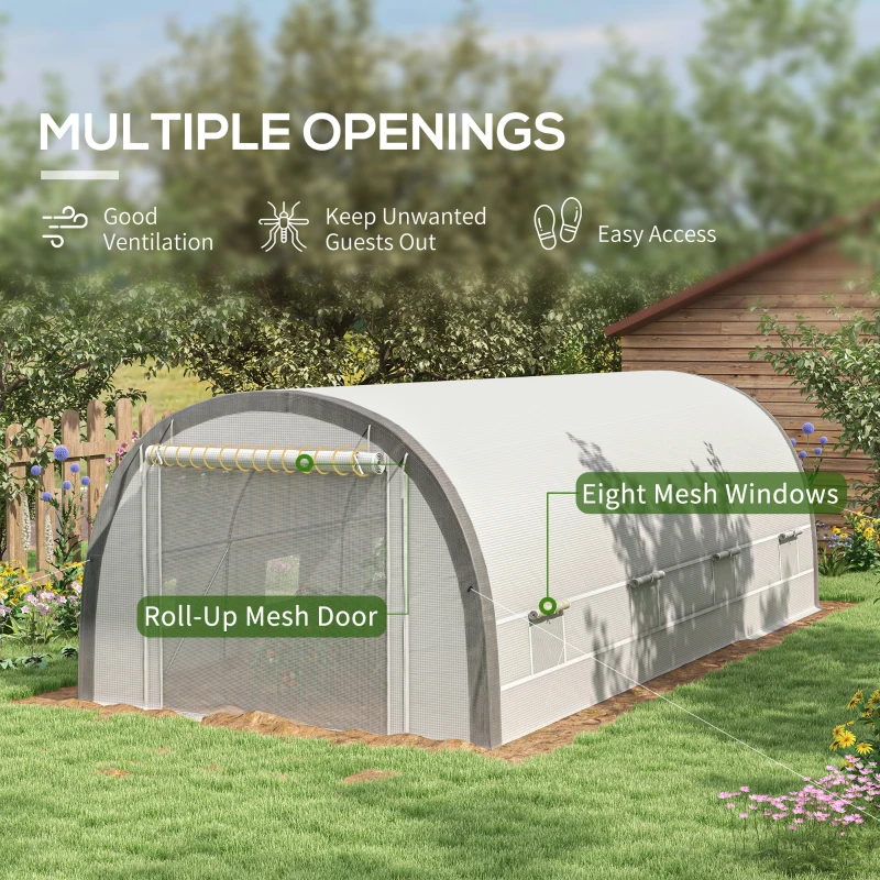 Outsunny Walk-in Tunnel Greenhouse with Upgraded Structure, Mesh Door and Windows, Warm Tent Plant House, White