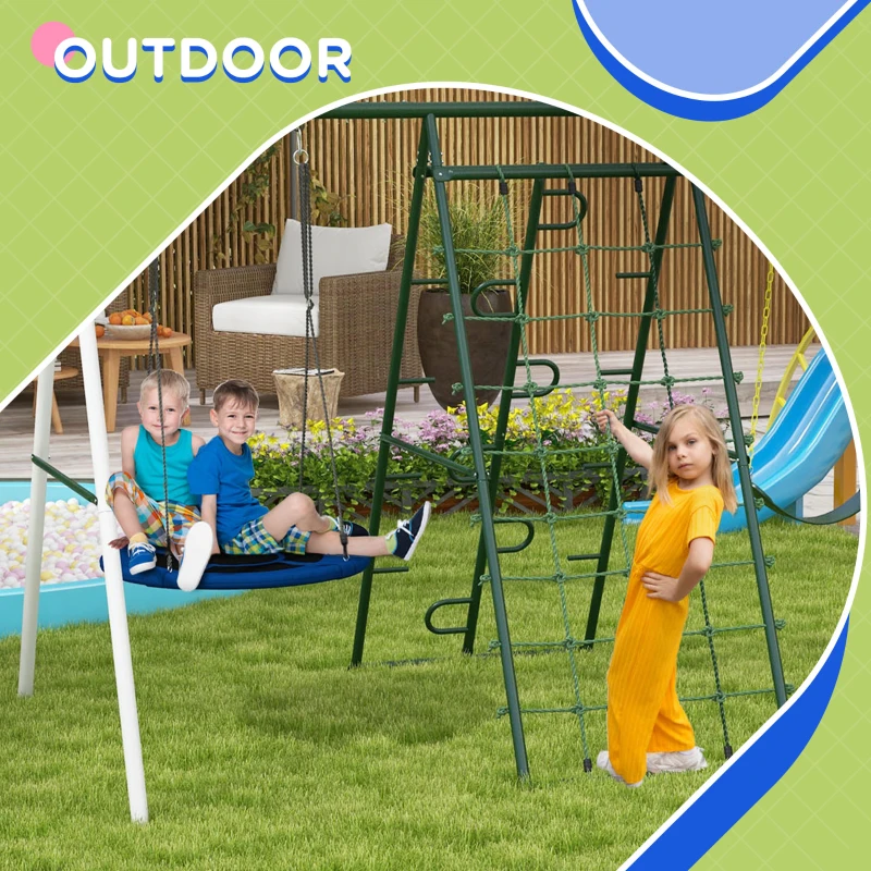 Outsunny Metal Swing Set for Backyard with 1 Saucer Swing, Basketball Hoop, 1 Seat, 1 Swing Glider, Climbing Net and Steps