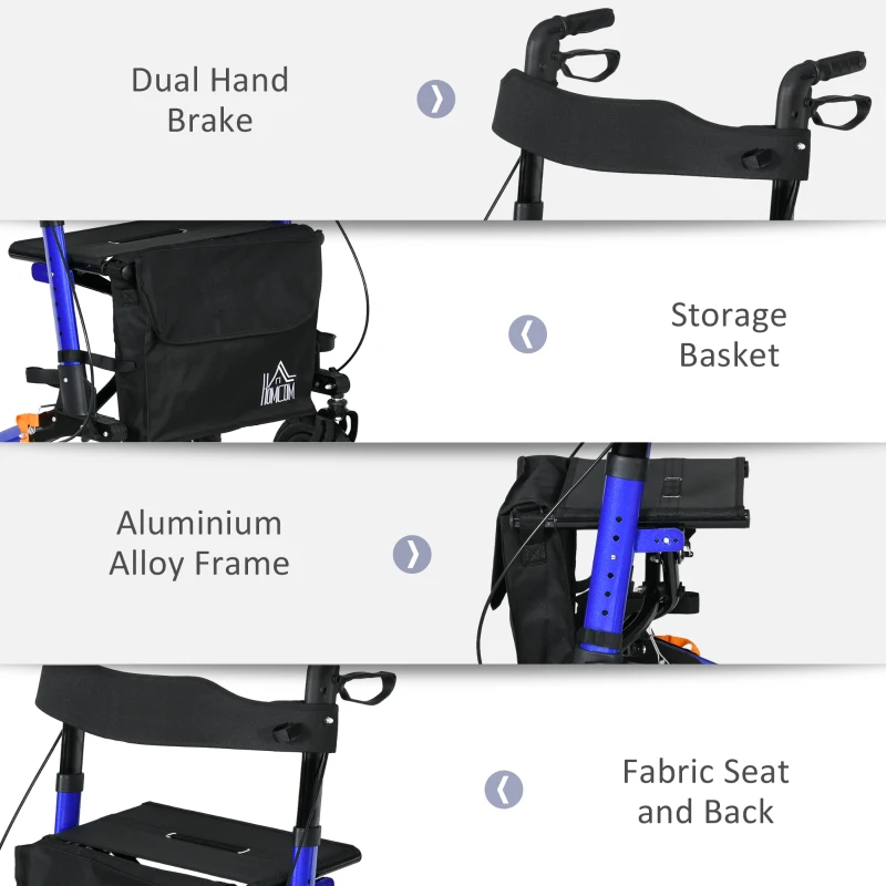 HOMCOM Rollator for Seniors with Seat, Rubber Wheels, Aluminum Folding Rolling Walker with Adjustable Handle, Bag, Blue