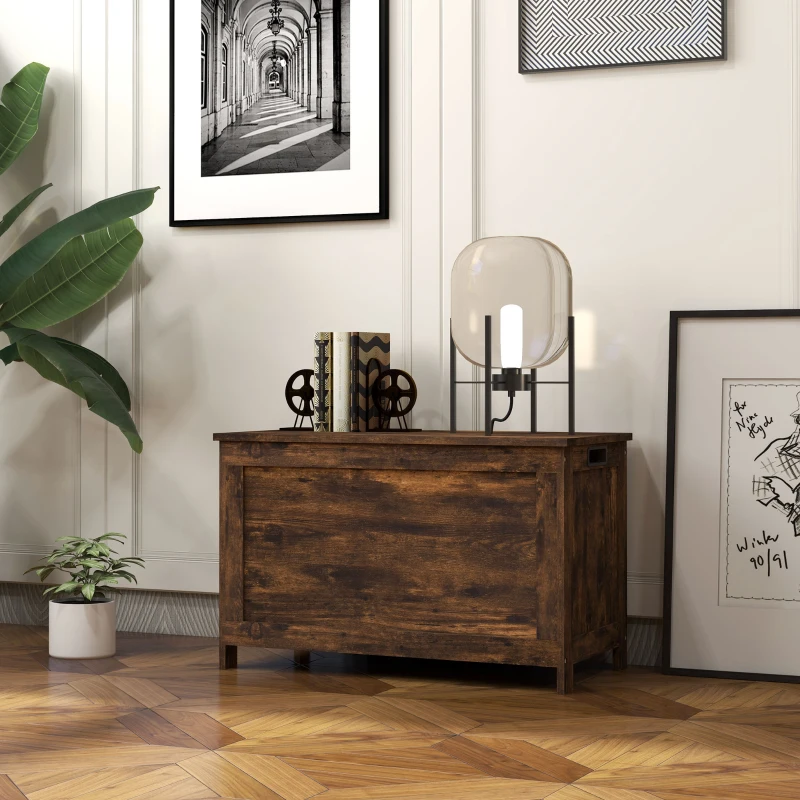 HOMCOM 29.9" Storage Trunk w/ 2 Safety Hinges, Wooden Storage Bench w/ Side Handles, Storage Chest for Playroom, Rustic Brown