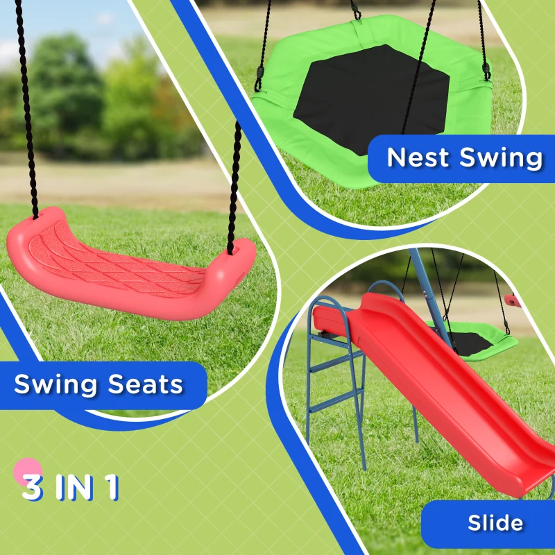 Outsunny Metal Swing Set for Backyard, 3 in 1 Design with 1 Nest Swing, 2 Seats, 1 Slide, Holds Up to 352 lbs. for Ages 3-8